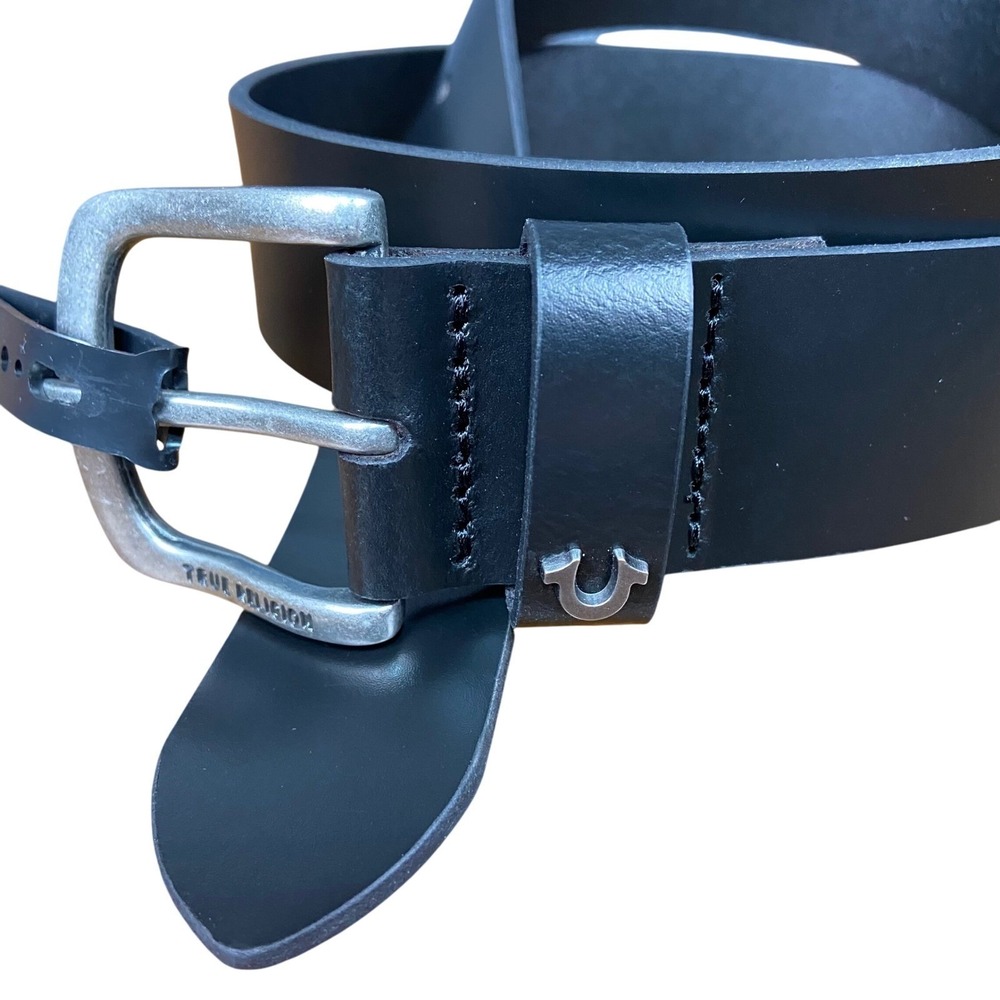 True Religion Men's Black Genuine Leather Belt 36 Earl Horseshoe Rivet Keeper